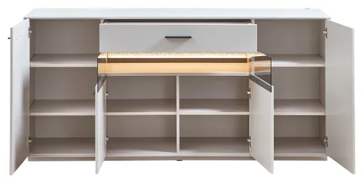 Sideboard -  mit Beleuchtung, Creme Lack, Absetzung: Granit Steinfurnier