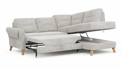 Ecksofa Almyra - 2,5-Sitzer mit Ottomane rechts, inkl. Schlaffunktion und Bettkasten, Stoff, Silbergrau