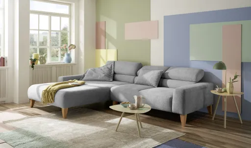 Ecksofa CHENOA - Longchair links mit 2-Sitzer, Kopfteil verstellbar, Stoff, Grau