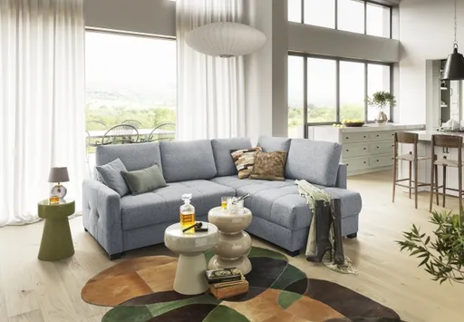 Ecksofa EDWIN - 2-Sitzer, Ecke rechts inkl. Schlaffunktion und Bettkasten, Stoff, Dunkelgrau