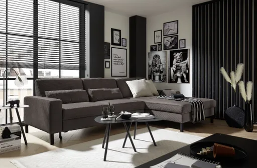Ecksofa CALM MOVE 2.0 - 2,5-Sitzer mit Longchair rechts, Schlaffunktion, Feincord, Mocca