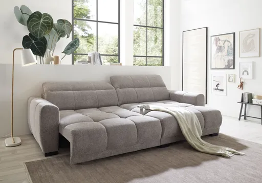 Ecksofa -2-Sitzer mit Longchair rechts, Kopfteil verstellbar, Sitztiefe verstellbar motorisch, Stoff, Taupe