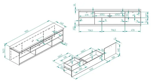 TV-Lowboard - mit Beleuchtung, B ca. 195 cm, Salbeigrün, Eiche Evoke Nachbildung
