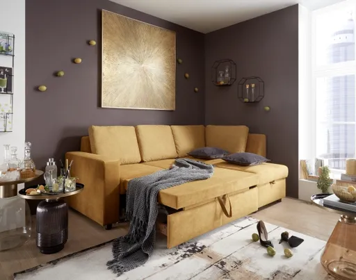 Ecksofa PRO FLEXX - 2-Sitzer, Ecke rechts inkl. Schlaffunktion und Bettkasten, Stoff, Senfgelb