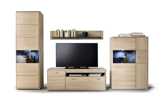 Wohnwand - mit Beleuchtung, Eiche teilmassiv