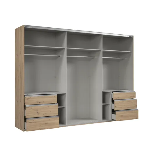 Schwebetürenschrank- B ca. 300 cm, Eiche Dekor, Weiß, Spiegel