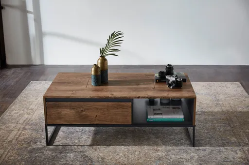 Couchtisch - mit Schubkasten, LBH ca. 115x65x42 cm, Eiche, Metallgestell