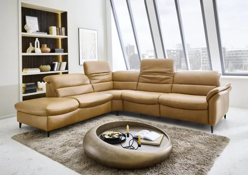 Ecksofa - Ecke links mit 2,5-Sitzer, Kopfteil verstellbar, Leder, Hellbraun