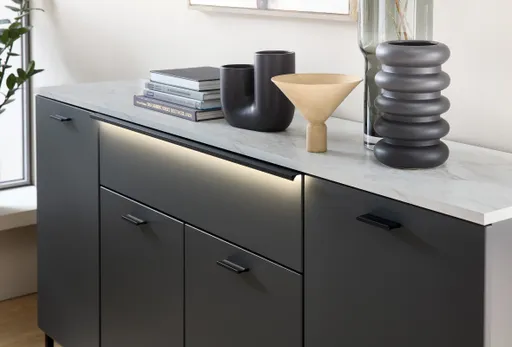 Sideboard - mit Beleuchtung, B ca. 174 cm, Graphit, Marmor Nachbildung hell