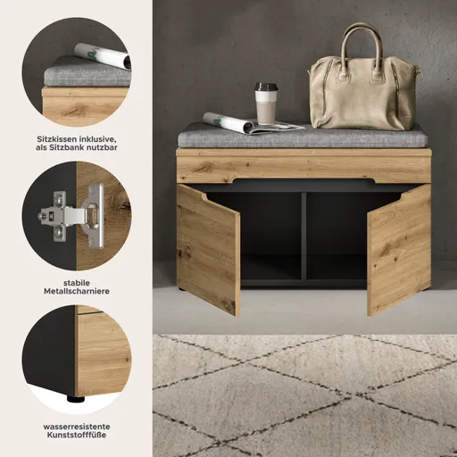 Schuhbank - inkl. Sitzkissen, B ca. 80 cm, Basalt grau, Artisan Eiche Nachbildung