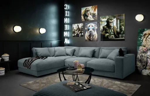 Ecksofa - Ecke links mit 3-Sitzer, Cord, Azur