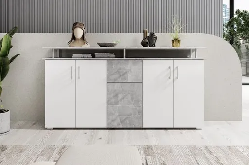 Highboard - B ca. 178 cm, Betonoptik, Weiß