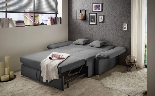 Sofa JORDEN - 1,5-Sitzer inkl. Schlaffunktion mit Bettkasten, verstellbare Armlehnen, Stoff, Dunkelgrau