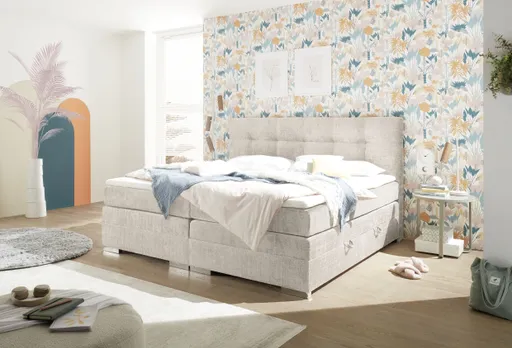 Boxspringbett SANDRIN I- Liegefläche ca. 200x200 cm, Stoff, Taupe,  inkl. Stauraum