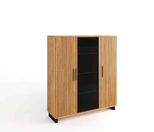 Highboard-  Eiche furniert, Schwarz, Glas