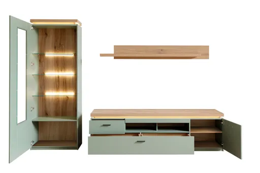 TV-Lowboard - mit Beleuchtung, B ca. 195 cm, Salbeigrün, Eiche Evoke Nachbildung