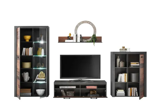 Wohnwand - mit Beleuchtung, Vintage Dekor, Betonoptik Dunkelgrau