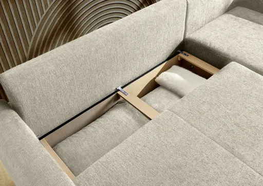 Ecksofa - 2-Sitzer mit Longchair rechts, Schaffunktion mit Bettkasten, Stoff, Beige