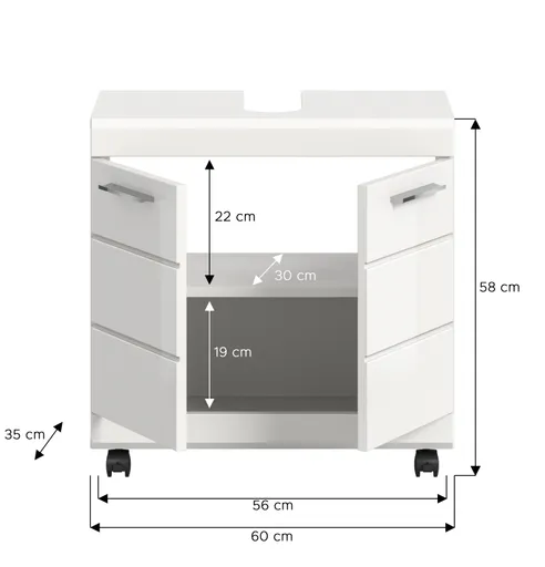 Waschbeckenunterschrank - B ca. 60 cm, Weiß, Weiß Hochglanz