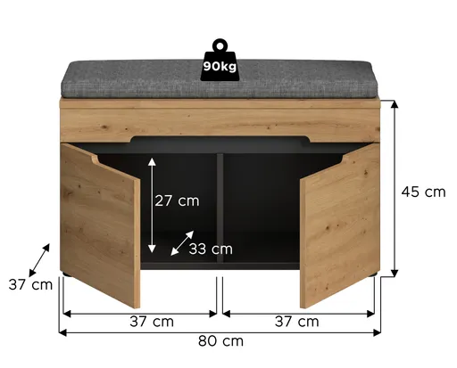Schuhbank - inkl. Sitzkissen, B ca. 80 cm, Basalt grau, Artisan Eiche Nachbildung