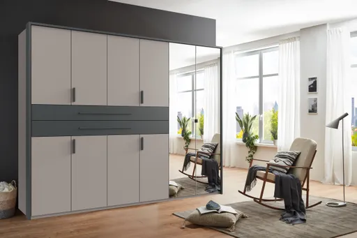 Drehtürenschrank- B ca. 270 cm, Saharagrau, Grafit, Spiegel