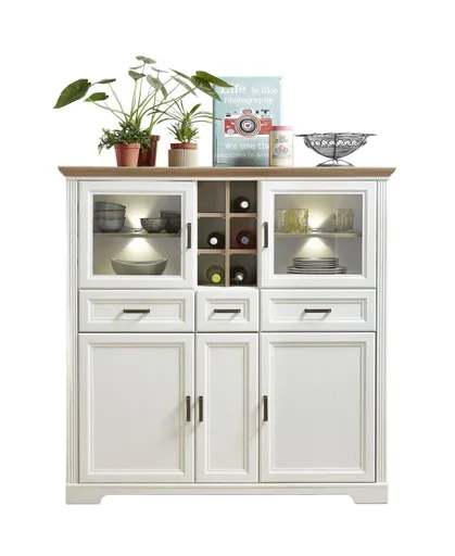 Highboard - mit Beleuchtung, B ca. 143 cm, Weiß, Artisan Eiche Nachbildung