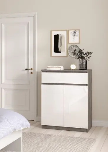 Kommode - B ca. 81 cm, Betonoptik, Weiß Hochglanz