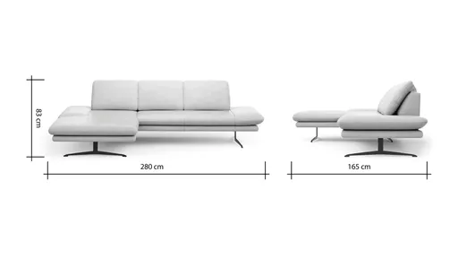 Ecksofa Hubertus - Longchair links mit 2-Sitzer, Armlehne verstellbar, Leder, Creme
