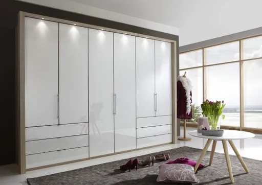 Drehtürenschrank - B ca. 306,4 cm,  Eiche-Sägerau-Nachbildung, Glas Weiß