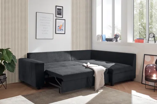 Ecksofa - 2-Sitzer mit Ecke rechts, Schlaffunktion, Cord, Schwarz