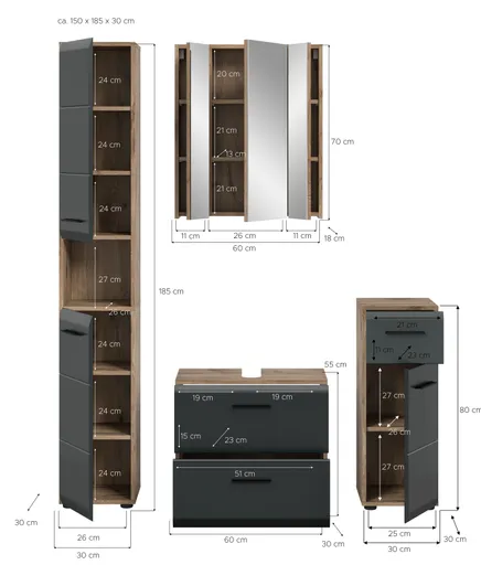 Spiegelschrank - B ca. 60 cm, Nox Eiche Nachbildung
