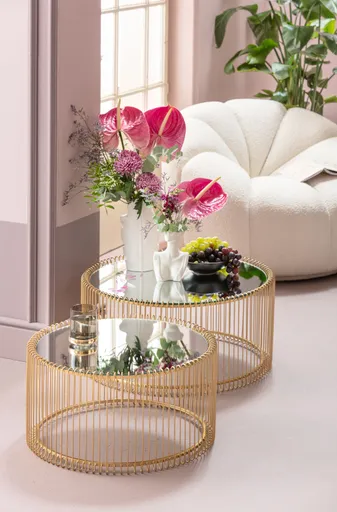Couchtisch- 2-er Set, Messing, Pulverbeschichtet, Goldfarben, Glas