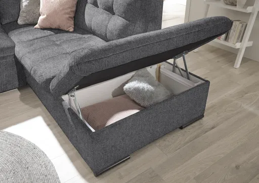 Ecksofa - 2-Sitzer, Ecke rechts inkl. Schlaffunktion und Bettkasten, Armteilverstellung, Stoff, Anthrazit