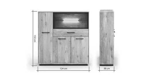 Highboard Savannah - inkl. Beleuchtung, Wildeiche massiv, natur geölt