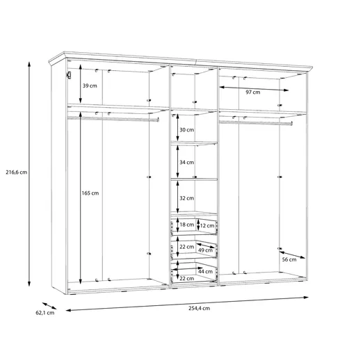 Drehtürenschrank FALLA - B ca. 254 cm, Weiß, Eiche Dekor