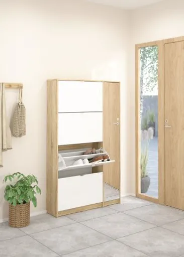 Schuhschrank - B ca. 99 cm, Eiche Struktur Nachbildung, Weiß Hochglanz