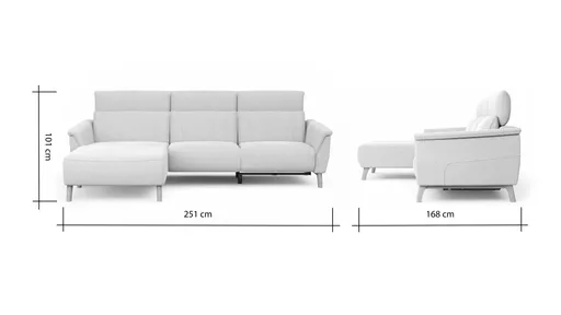 Ecksofa Nevin - Longchair links mit 2-Sitzer rechts, inkl. Relaxfunktion (motorisch) und Kopfpolsterverstellung, Stoff, Weiß