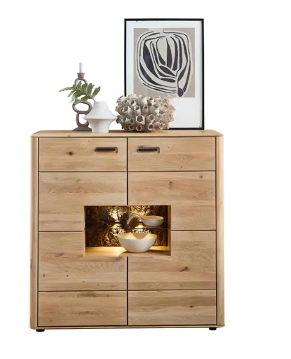 Highboard - mit Beleuchtung, Wildeiche massiv