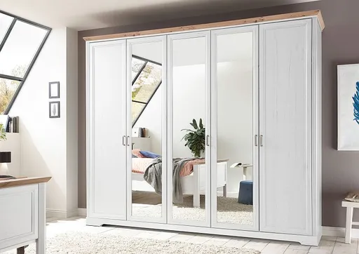 Kleiderschrank- B ca. 266 cm, Pinie Dekor, Eiche Dekor, Spiegel