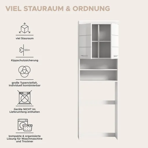 Waschmaschinenüberbau - B ca. 63 cm, Weiß, Weiß Hochglanz