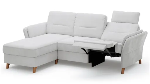 Ecksofa Vayra - Longchair links mit 2,5-Sitzer rechts, inkl. Relaxfunktion (motorisch) und Kopfstütze verstellbar (manuell), Stoff, Offwhite