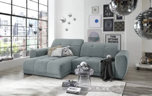 Ecksofa - Longchair links mit 2-Sitzer, Kopfteil verstellbar, Sitztiefe verstellbar motorisch, Stoff, Eisblau