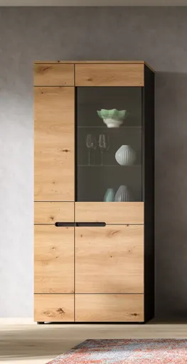 Vitrine - B ca. 80 cm, Basalt grau, Artisan Eiche Nachbildung