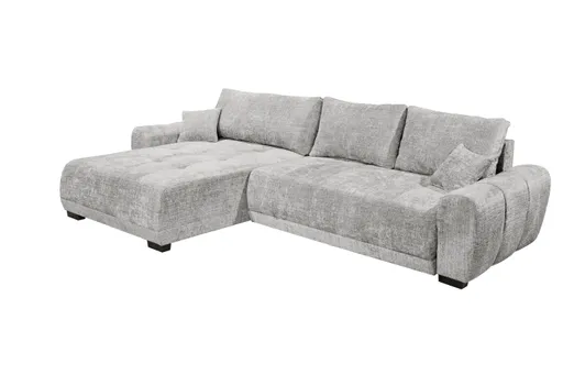 Ecksofa - Longchair links mit 2-Sitzer, Schlaffunktion mit Bettkasten, Stoff, Silbergrau