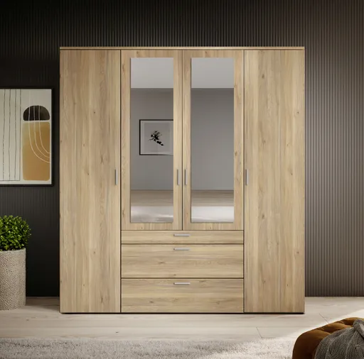 Drehtürenschrank- B ca. 180 cm, Eiche Dekor, Spiegel