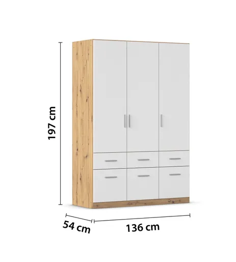 Drehtürenschrank REXY MATT- B 136 cm, Eiche Dekor, Weiß