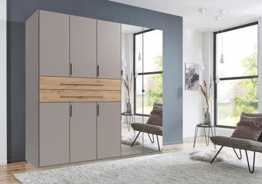Drehtürenschrank- B ca. 225 cm, Saharagrau, Eiche Dekor