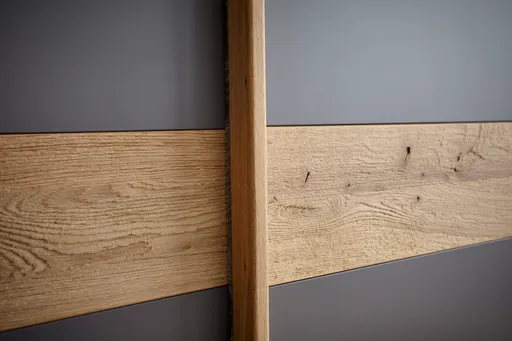 Schwebetürenschrank Viana - inkl. Passepartout, B ca. 271 cm, Lack, Steingrau, Riffholz, Balkeneiche