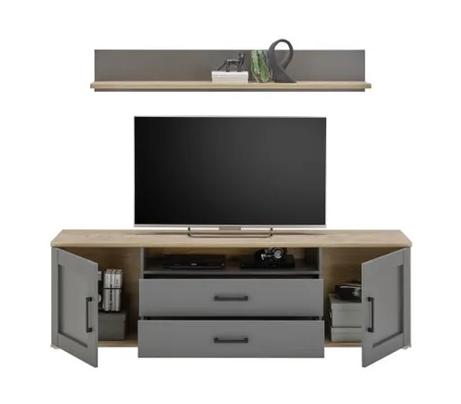 Lowboard - inkl. Wandboard, Grau, Artisan Eiche Nachbildung