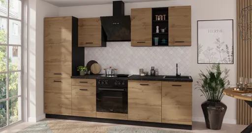 Küchenblock- ohne E-Geräte, B ca. 280 cm, Schwarz, Eiche Dekor